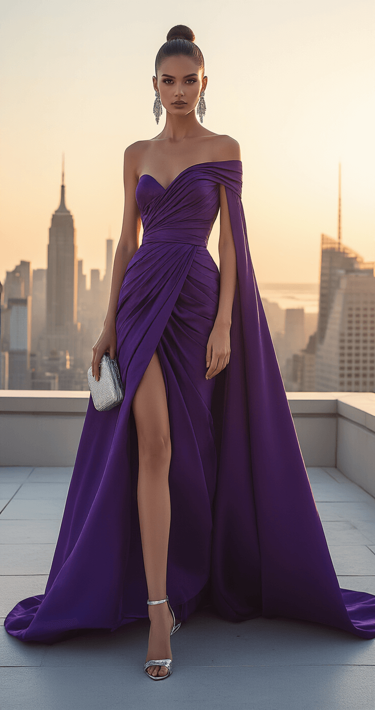 Rock Your Red Carpet Moment: The Ultimate Guide to Oscars-Worthy Style A model in a royal purple duchess satin ballgown with architectural pleating and a dramatic cape stands on a luxury hotel rooftop terrace at sunset, city skyline in the background. Her sleek high bun reveals statement diamond chandelier earrings, while she holds a silver Jimmy Choo clutch and wears matching stilettos. The golden hour lighting casts beautiful shadows and highlights on the fabric, captured from a slight elevation to showcase the dress's movement against the urban landscape.
