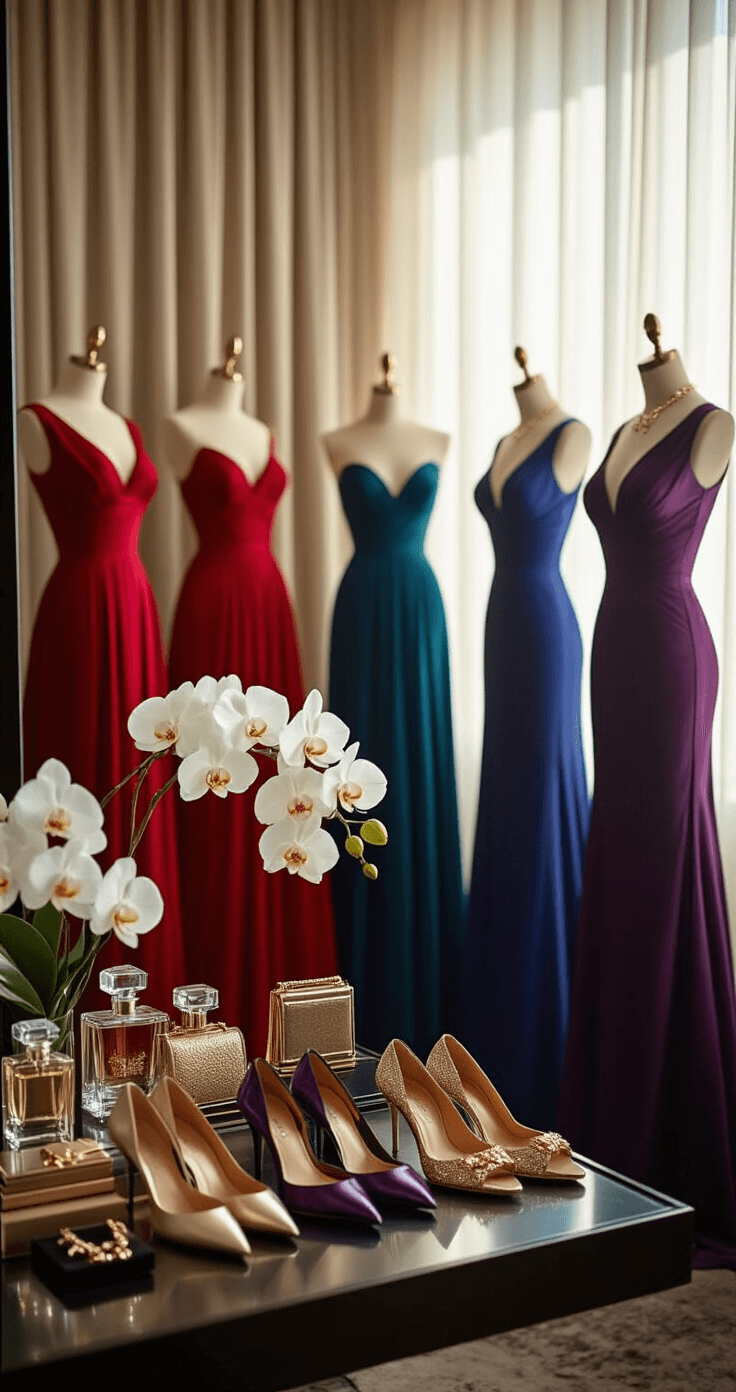 Rock Your Red Carpet Moment: The Ultimate Guide to Oscars-Worthy Style A classic Hollywood-style dressing room illuminated by mid-afternoon natural light, featuring mannequins in jewel-toned couture gowns, an organized styling station with designer shoes and elegant bags, adorned with crystal perfume bottles and fresh white orchids.