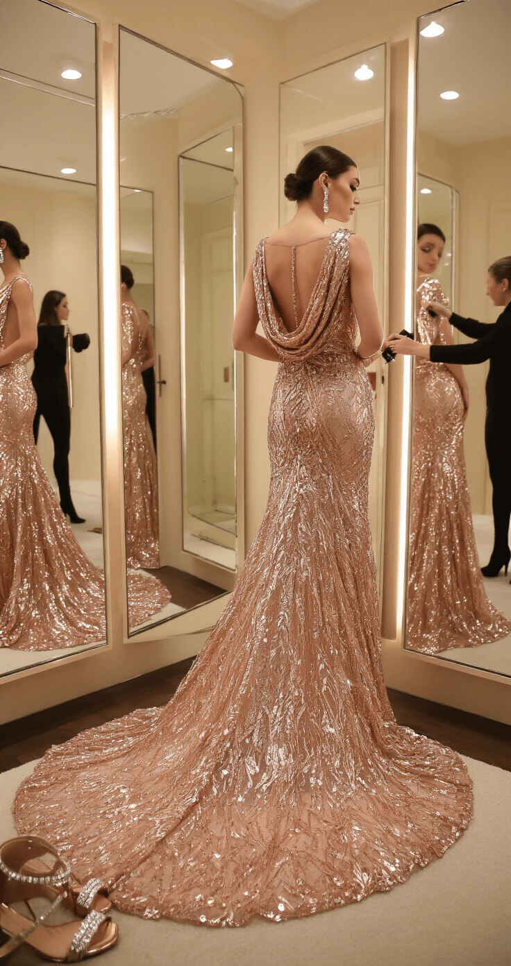 Rock Your Red Carpet Moment: The Ultimate Guide to Oscars-Worthy Style Model fitting a rose gold sequined gown in an intimate boutique dressing room, with intricate beadwork reflecting in a three-way mirror. A stylist adjusts the gown's dramatic train while a professional steamer perfects the fabric's fall. Delicate diamond accessories and metallic sandals are in the foreground, captured from a side angle to emphasize the mirrors and the styling process.