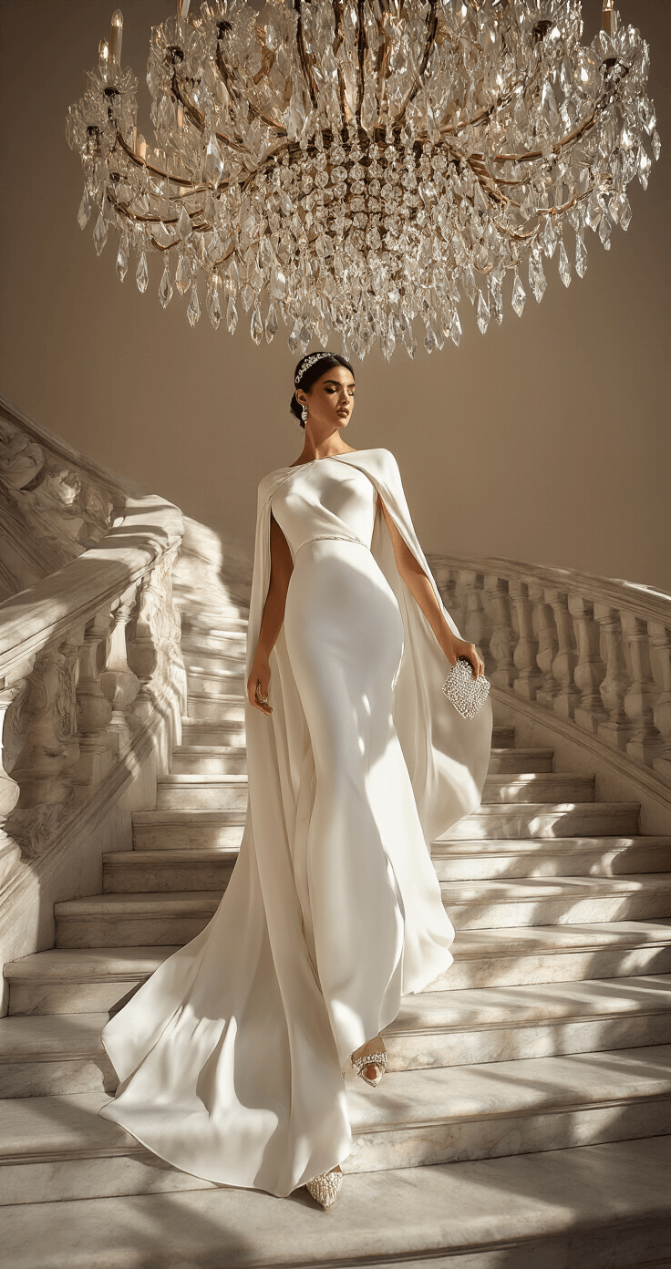 Rock Your Red Carpet Moment: The Ultimate Guide to Oscars-Worthy Style Model in a flowing white silk crepe dress with cape sleeves descends a grand marble staircase in a historic mansion, illuminated by late afternoon light. A diamond tiara glistens atop her head, while she carries a pearl-embellished clutch and wears crystal-encrusted pumps. A massive crystal chandelier hangs above, casting dramatic shadows and enhancing the luxury of the scene.