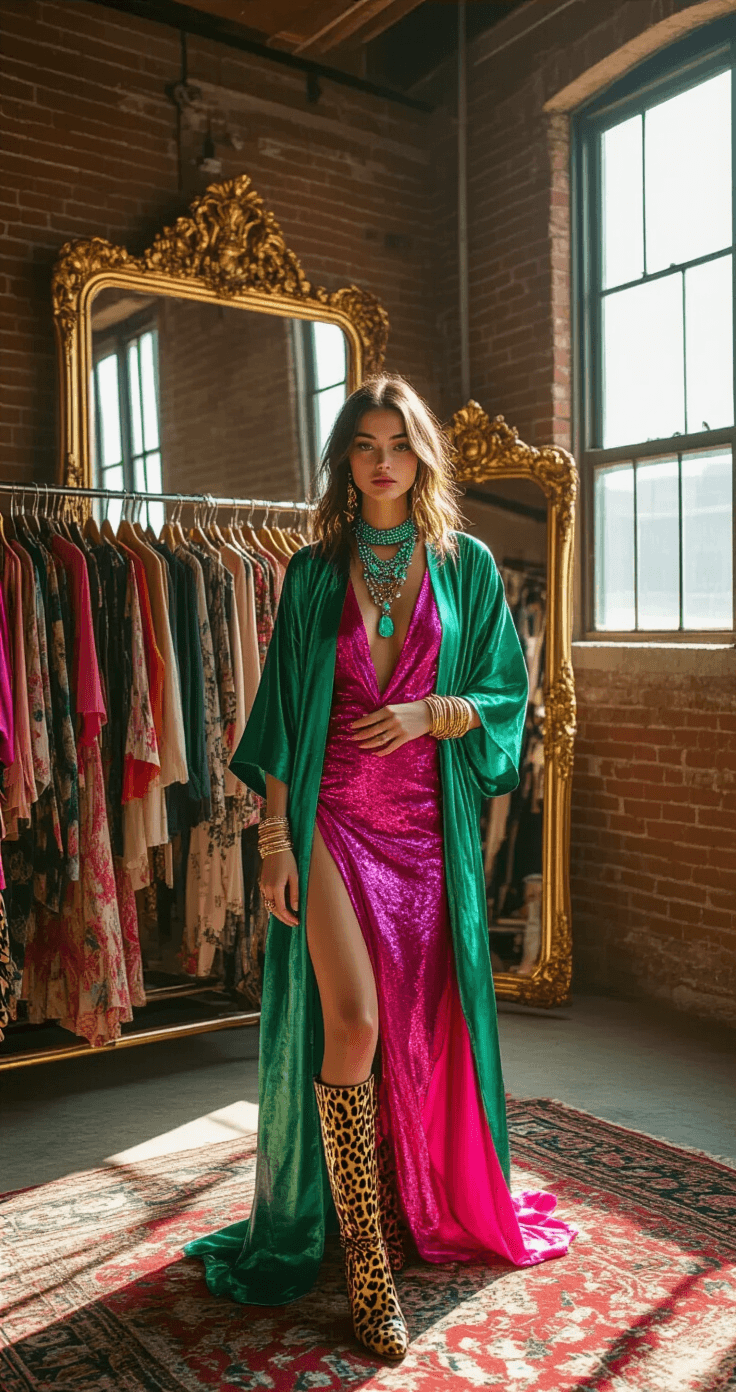HOW TO ROCK MAXIMALIST FASHION: YOUR GUIDE TO BOLD & BEAUTIFUL OUTFITS A young woman in an emerald silk kimono layered over a hot pink sequined dress poses in a sunlit artist's loft, surrounded by clothing racks. She wears leopard print boots and a turquoise statement necklace, with stacked bangles adorning her wrists. Gold baroque mirrors reflect the maximalist styling around her, and a vintage Persian rug lies on the floor, amidst exposed brick walls. The wide-angle shot captures the natural light streaming through industrial windows, emphasizing the vibrant fashion editorial style.