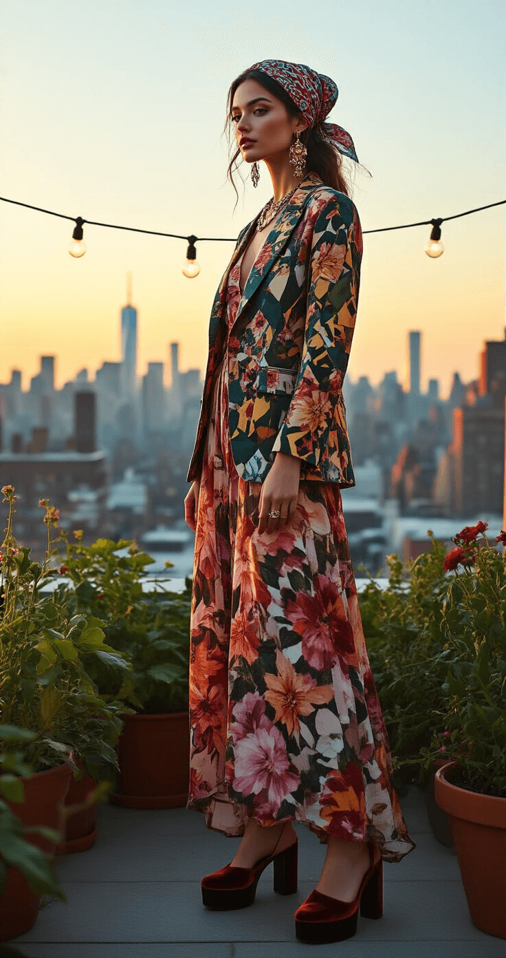 HOW TO ROCK MAXIMALIST FASHION: YOUR GUIDE TO BOLD & BEAUTIFUL OUTFITS A model poses in a bohemian rooftop garden during golden hour, wearing a clashing floral maxi dress and a geometric print blazer. Accessories include velvet platform shoes, mixed metal jewelry, and a printed head scarf. The scene features potted plants and string lights with the Manhattan skyline in the background, captured with a shallow depth of field that emphasizes the details of the textiles.