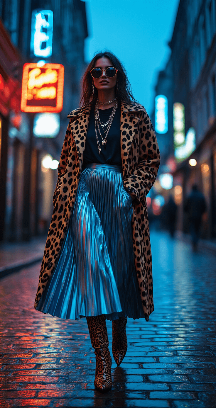 HOW TO ROCK MAXIMALIST FASHION: YOUR GUIDE TO BOLD & BEAUTIFUL OUTFITS A model in motion at a street corner cafe during blue hour, wearing a pleated metallic skirt, graphic tee, leopard coat, and snake print boots. She is accessorized with layered necklaces, oversized sunglasses, and a printed silk scarf, set against a backdrop of neon signs and wet cobblestone streets, captured in a dynamic street photography style with motion blur.