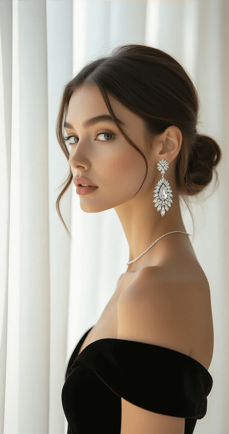 Miss Universe Glam: Your Ultimate Guide to Show-Stopping Pageant Style Close-up of a model in an elegant white studio, wearing statement crystal drop earrings and a black velvet off-shoulder gown, with her hair styled in a chignon, capturing afternoon light through sheer curtains.