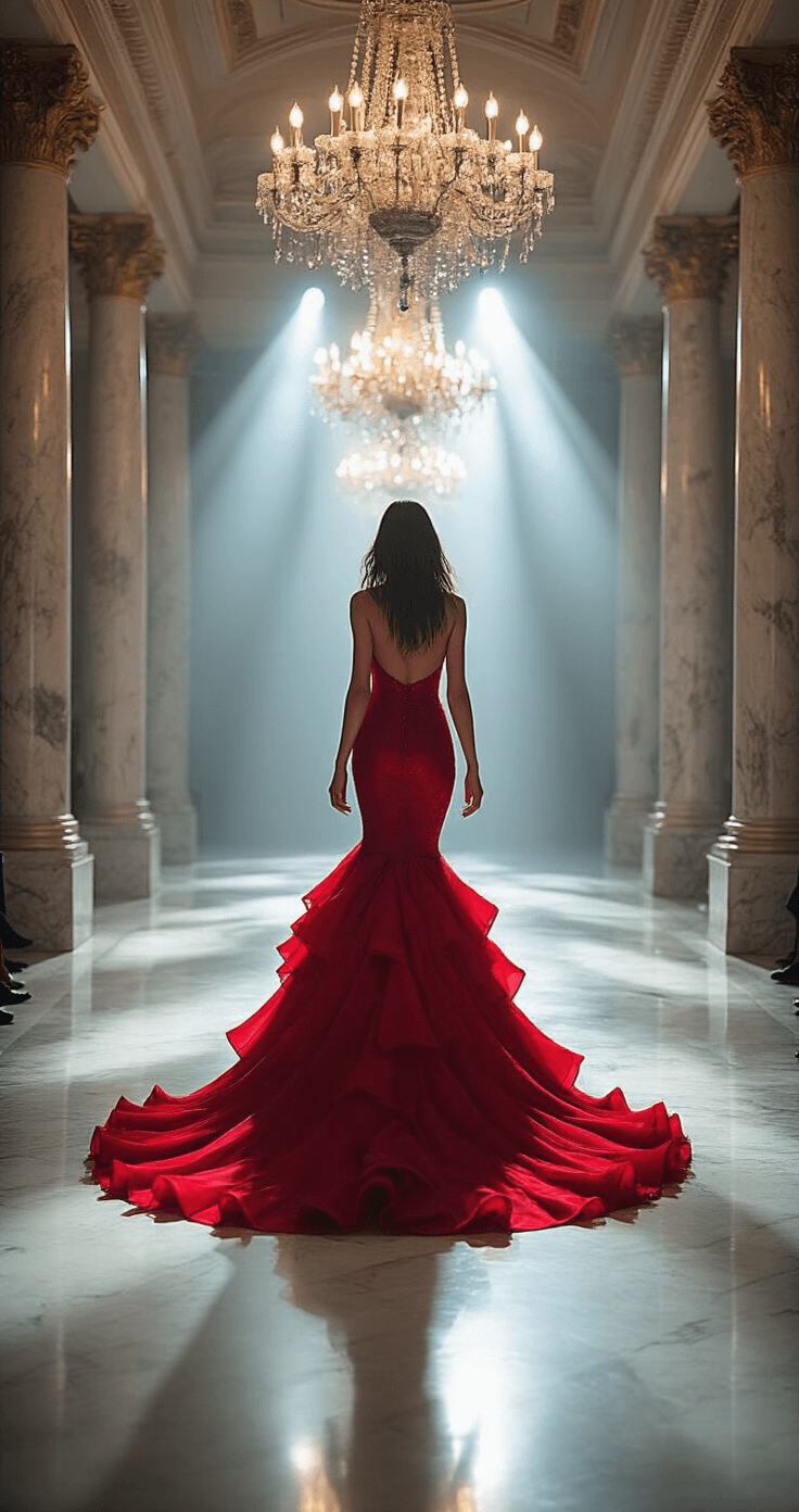 Miss Universe Glam: Your Ultimate Guide to Show-Stopping Pageant Style Model practicing a runway walk in a ruby red mermaid gown with cascading ruffles in a grand ballroom adorned with crystal chandeliers and marble columns, illuminated by professional spot lighting that casts dramatic shadows, while multiple mirrors reflect various angles of her movement, captured in continuous burst mode with a 70-200mm zoom lens.