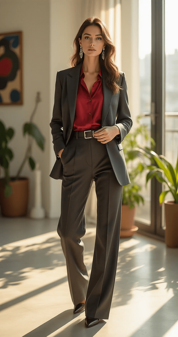 10 Stunning "Dress to Impress" Outfits That'll Turn Heads A professional woman in her 30s styles a charcoal grey power suit with a silk crimson blouse in a sunlit minimalist loft, adjusting her leather belt as golden morning light streams through large windows, highlighting the scene's modern art and trailing plants.