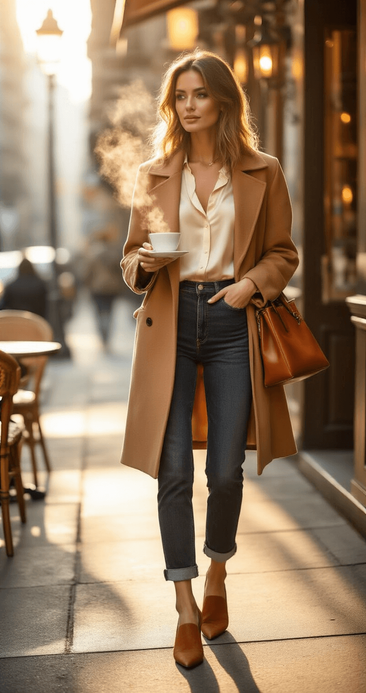 10 Stunning "Dress to Impress" Outfits That'll Turn Heads A fashionable woman in high-waisted dark denim and a cream silk blouse stands at a chic downtown sidewalk café, with a camel wool coat draped over her shoulders. She holds an espresso cup with steam rising, while a sleek leather tote and cognac brown suede mules complete her elevated casual look. The warm amber tones of magic hour lighting illuminate the scene, captured from street level.