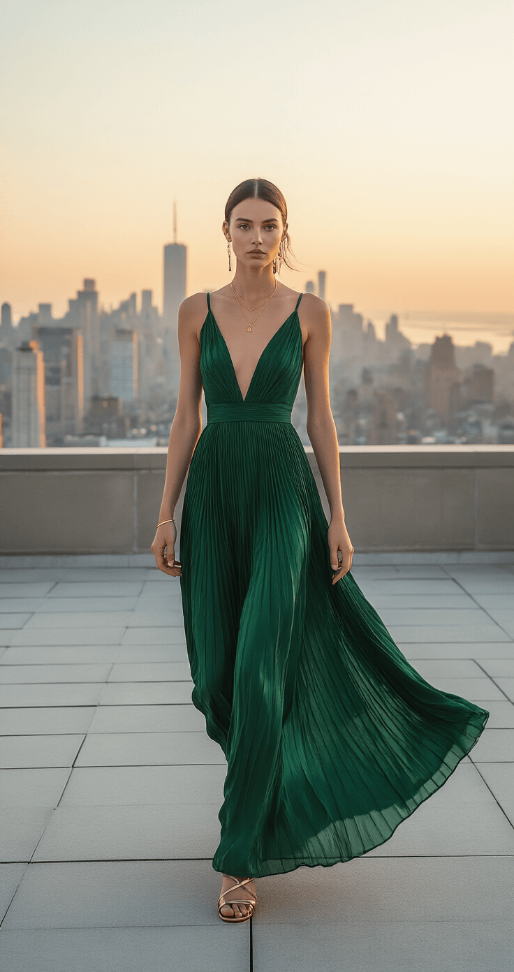 10 Stunning "Dress to Impress" Outfits That'll Turn Heads Model in a flowing emerald green pleated maxi dress and metallic strappy sandals poses in motion on an industrial-chic rooftop at sunset, with a city skyline backdrop; delicate gold jewelry and sleek pulled-back hair enhance the look, while the wind adds movement to the dress.