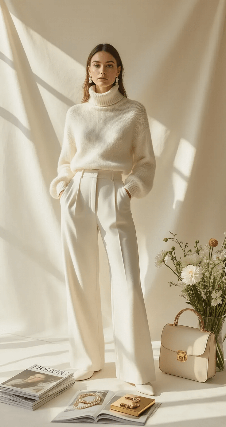 10 Stunning "Dress to Impress" Outfits That'll Turn Heads Bright, airy home studio with morning light casting shadows. Features a winter whites styling session: cream cashmere turtleneck, ivory wide-leg trousers, pearl drop earrings, and a bone leather bag. Minimalist setup with a neutral textile backdrop, fashion magazines, a gold jewelry box, and fresh flowers, captured overhead with a focus on clean composition.