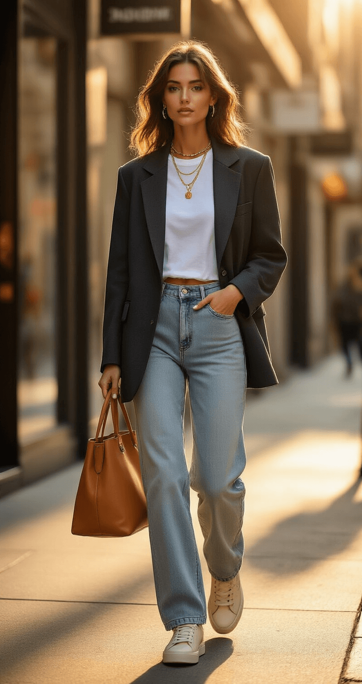 How to Nail That "Dress to Impress" Look: A Real Girl's Standout Style A stylish woman in an oversized charcoal blazer and light wash straight-leg jeans walks confidently past modern storefronts in golden hour light, her gold necklaces sparkling and cognac brown tote swinging by her side. The photo captures the long shadows and warm textures with a shallow depth of field.