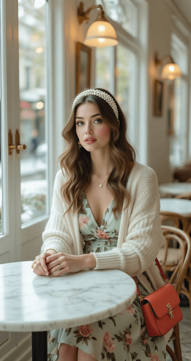 How to Nail That "Dress to Impress" Look: A Real Girl's Standout Style A bright bistro interior featuring white marble tables and brass accents, with natural light illuminating a fashionable brunch scene. The subject wears a vintage-inspired floral silk dress in sage green and dusty rose, paired with an ivory cable-knit cardigan and a coral leather crossbody bag. Loose waves are accented by a pearl-embellished velvet headband, and delicate gold jewelry adds a finishing touch. Soft bokeh creates a dreamy background.