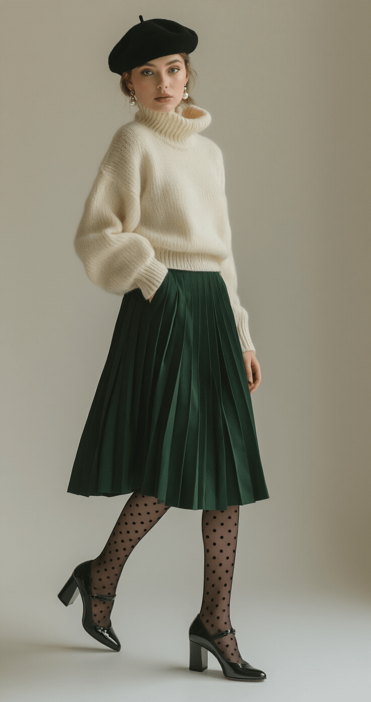 How to Nail That "Dress to Impress" Look: A Real Girl's Standout Style A minimalist studio setting featuring a cream cashmere sweater set and a deep forest green knife-pleated midi skirt, complemented by sheer black polka dot tights and patent leather Mary Janes. A tilted black wool beret and pearl drop earrings add sophistication, with soft diffused lighting highlighting the textures.