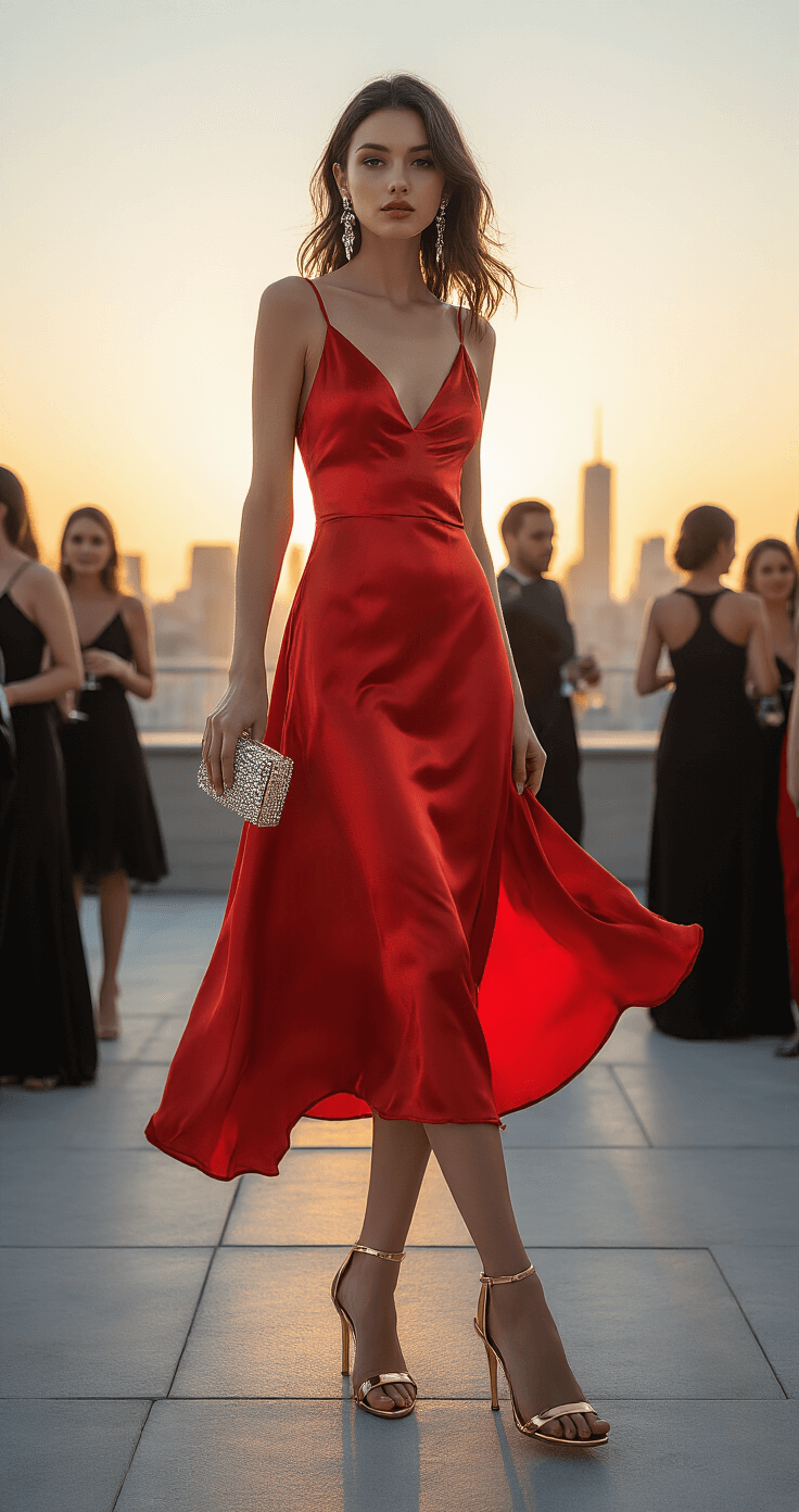 How to Nail That "Dress to Impress" Look: A Real Girl's Standout Style A confident model in a striking red silk midi dress stands on a rooftop terrace at sunset, contrasting with elegantly dressed guests in black cocktail attire against a city skyline. Her gold stiletto sandals glisten in the warm light, complemented by a sparkling crystal-embellished clutch and swaying statement earrings, all captured in dramatic lighting from a slightly low angle.