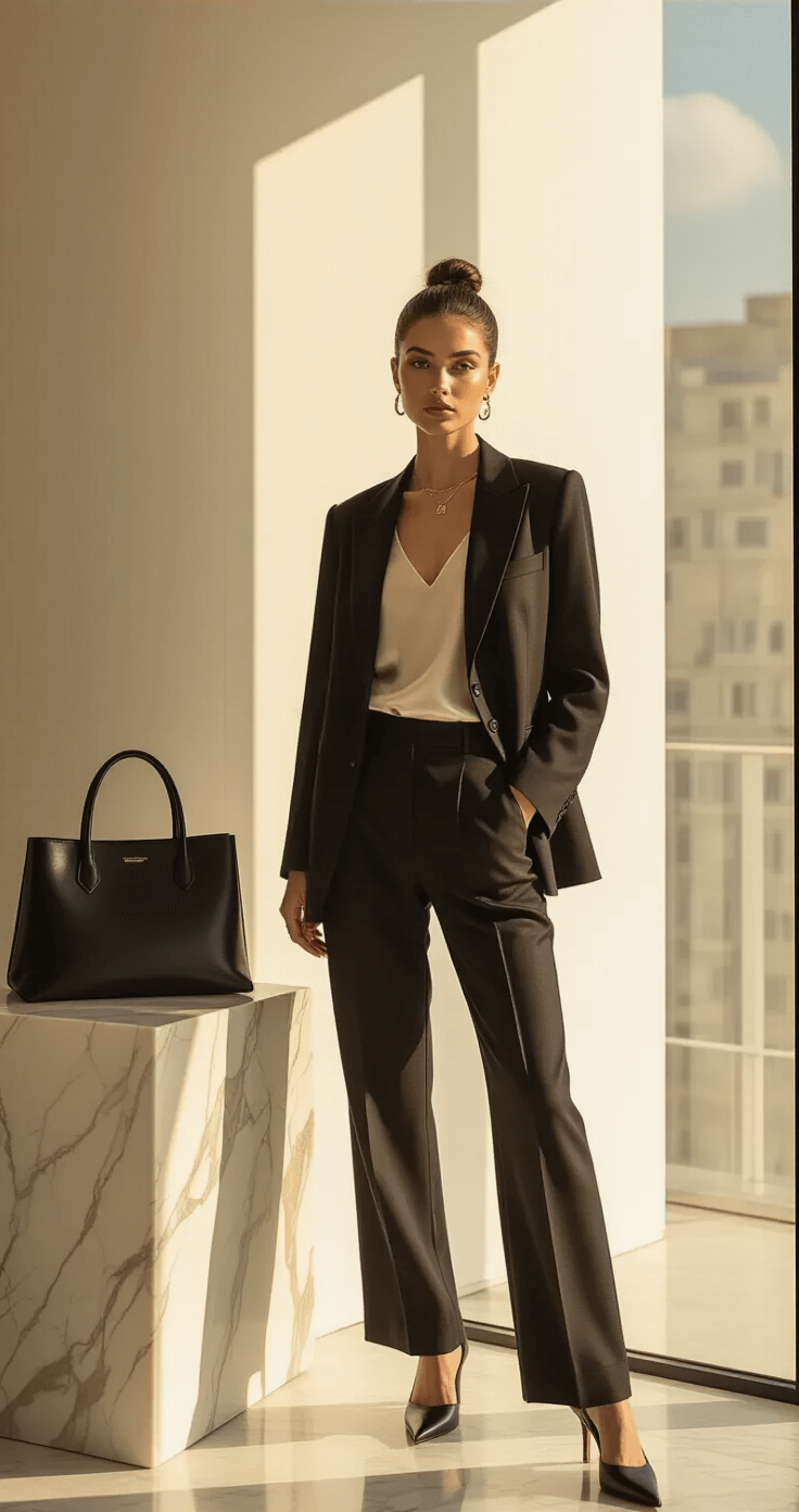 Top Model Outfits: Your Ultimate Guide to Dressing Like a Pro A fashion influencer in a sunlit minimalist studio apartment, wearing a black blazer over a cream camisole and charcoal trousers, stands before a white wall. Her designer tote rests on a marble side table as golden hour light highlights her natural makeup and delicate gold jewelry.