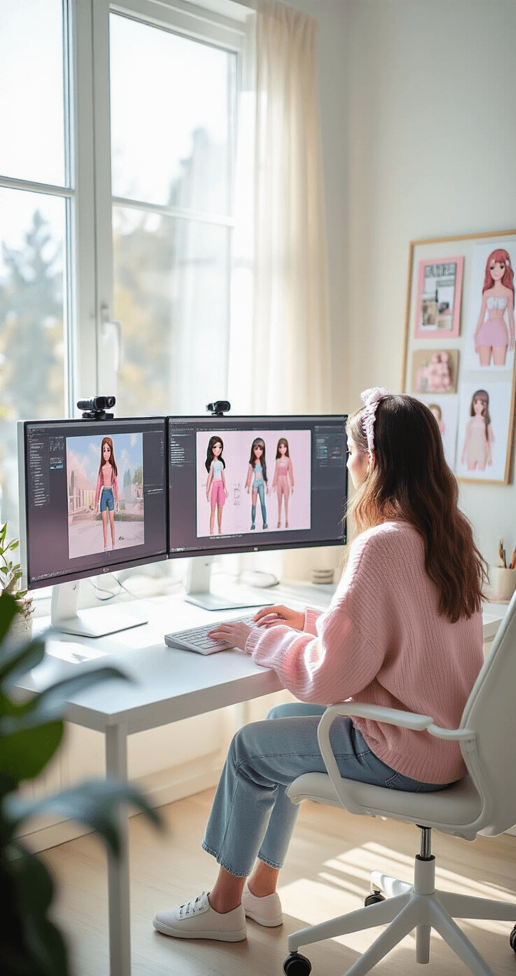 Dress to Impress Roblox: Your Ultimate Guide to Creating Show-Stopping Virtual Fashion A young female content creator films a Roblox fashion tutorial in a sunlit studio with floor-to-ceiling windows, sitting at a modern white desk with dual monitors displaying fashion designs. She's dressed in a pastel pink oversized sweater and high-waist mom jeans, surrounded by a professional camera, ring light, and an organized inspiration board, all illuminated by soft morning light.