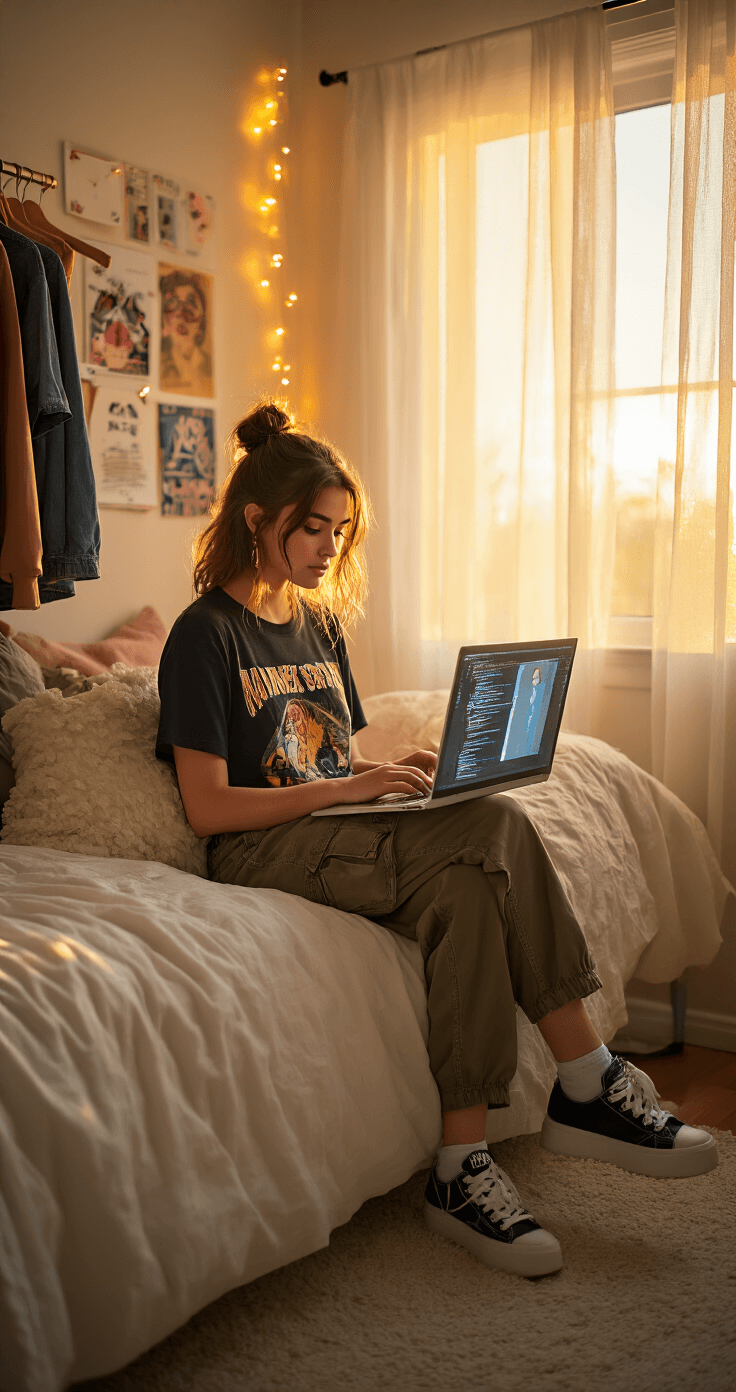 Dress to Impress Roblox: Your Ultimate Guide to Creating Show-Stopping Virtual Fashion Cozy bedroom corner with golden hour light, showcasing a fashion-forward teen in a vintage band tee and cargo pants, working on layered virtual designs on her laptop. The scene includes a Pinterest wall, fairy lights, and a clothing rack with Y2K-inspired pieces, all illuminated by warm sunset lighting streaming through sheer curtains.