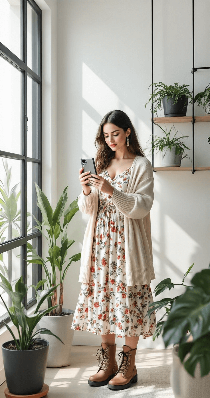 Dress to Impress Roblox: Your Ultimate Guide to Creating Show-Stopping Virtual Fashion A fashionista in a floral midi dress and cream cardigan photographs her virtual wardrobe in a modern living room featuring industrial-chic elements, with white walls, black metal fixtures, and potted plants, as afternoon light casts dramatic shadows through geometric window frames.