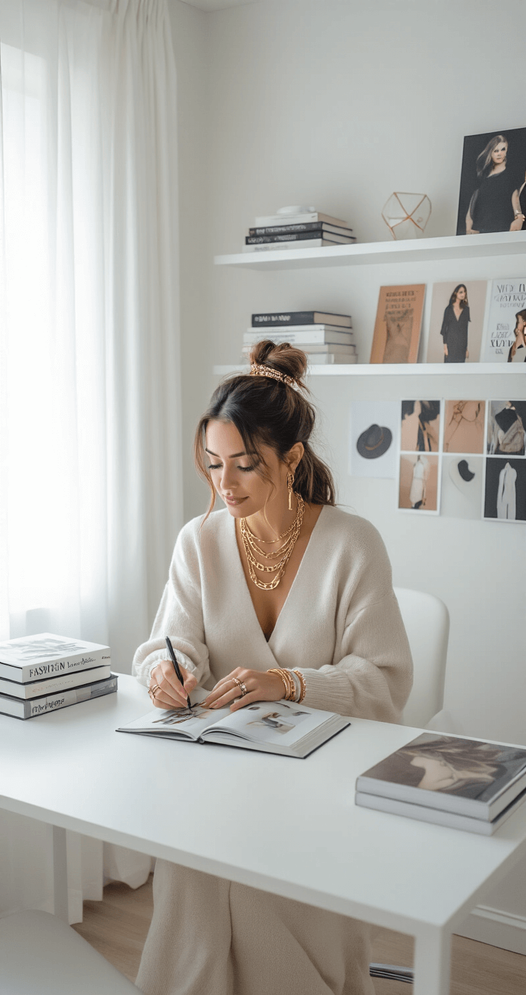 Dress to Impress Roblox: Your Ultimate Guide to Creating Show-Stopping Virtual Fashion Minimalist home office with Scandinavian design featuring a fashion enthusiast filming an accessorizing tutorial. The space includes a white desk, floating shelves with fashion books, and a seasonal trend mood board. The woman wears a monochrome outfit with gold jewelry and hair accessories, illuminated by diffused natural light through white curtains.