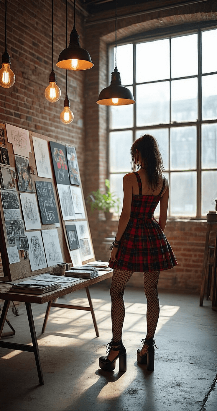 Dress to Impress Roblox: Your Ultimate Guide to Creating Show-Stopping Virtual Fashion An artistic loft with exposed brick walls set up for a virtual runway preparation, featuring mood boards and digital sketches under industrial pendant lights. A model showcases punk-inspired fashion in a plaid mini dress, fishnet stockings, and platform Mary Janes, illuminated by late afternoon light streaming through factory-style windows.