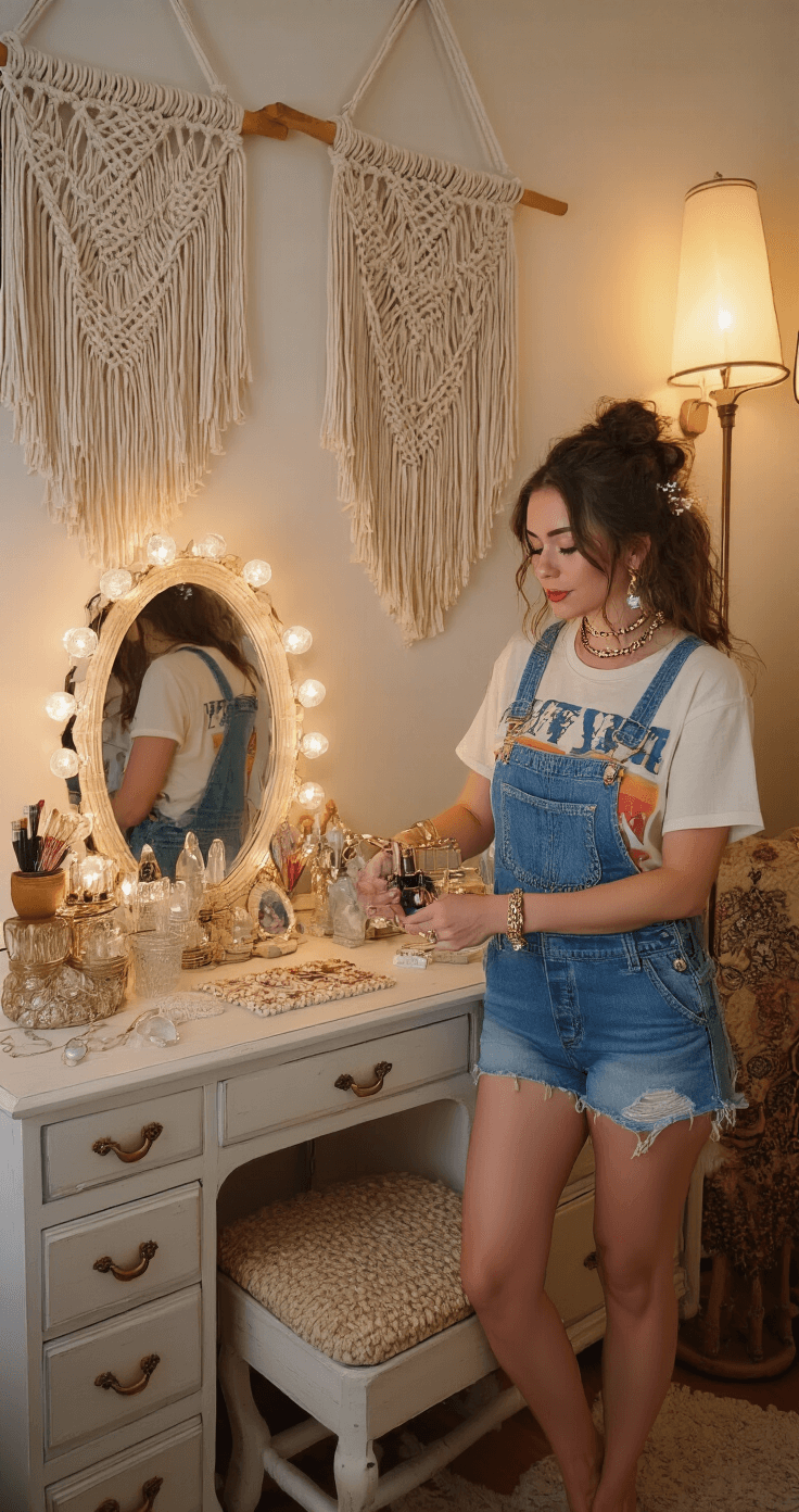 Dress to Impress Roblox: Your Ultimate Guide to Creating Show-Stopping Virtual Fashion A bohemian-style bedroom corner featuring macramé wall hangings and a fashion expert arranging virtual outfit combinations. The space includes a vintage vanity mirror and a collection of crystals, all illuminated by warm lamp light, creating an intimate atmosphere. The expert is dressed in a layered summer camp aesthetic with a vintage graphic tee, denim overalls, and stacked accessories.