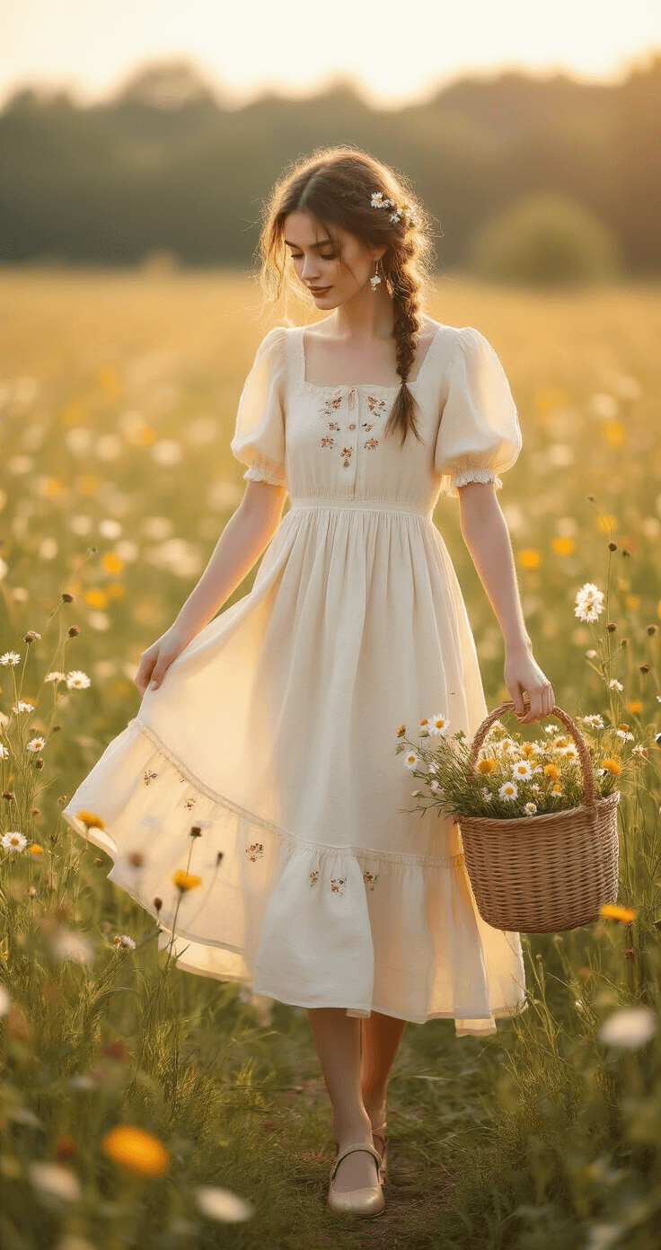 How to Rock a Cottagecore Outfit: Your Complete Guide to Dreamy, Nature-Inspired Style A young woman in a cream linen midi dress twirls in a sunlit meadow, surrounded by wildflowers. She has loose braids adorned with daisies, and a straw basket of freshly picked flowers sits nearby. The scene is bathed in golden hour light, with a dreamy bokeh effect in the background.