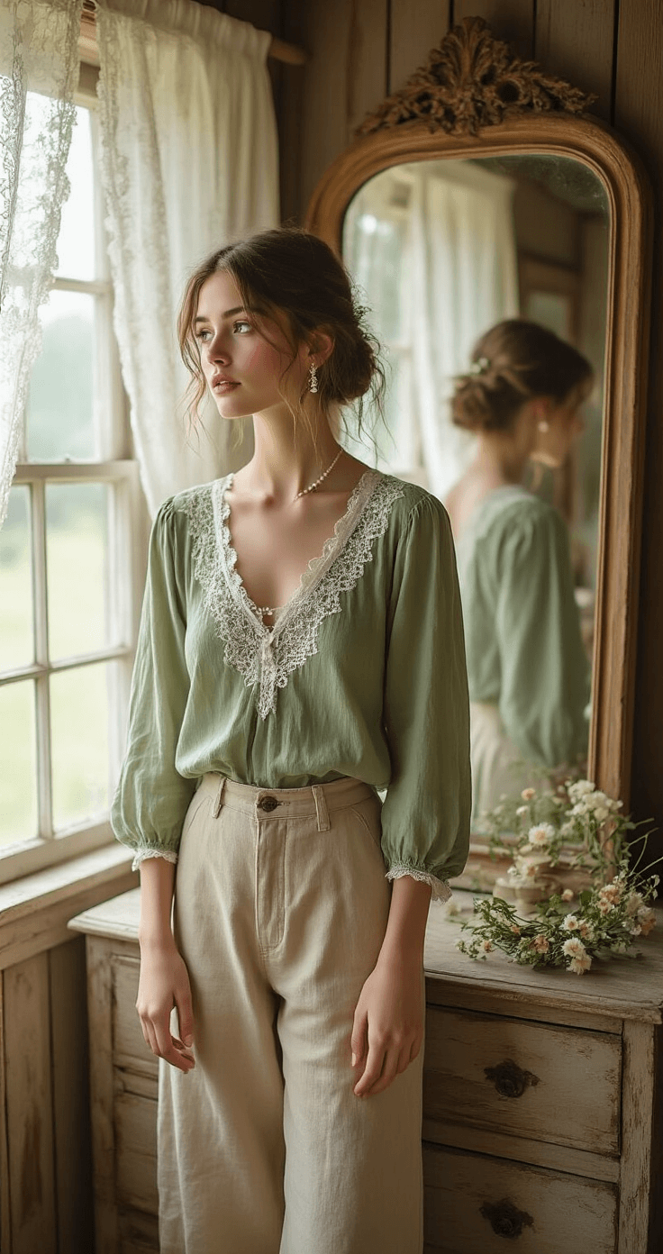How to Rock a Cottagecore Outfit: Your Complete Guide to Dreamy, Nature-Inspired Style Interior of a rustic cottage bedroom with morning light streaming through lace curtains, featuring a model in a sage green peasant blouse and high-waisted beige linen pants, standing before a vintage mirror. A weathered wooden dresser displays accessories like a pearl hairpin, pressed flower jewelry, and a handmade flower crown, all captured in soft natural lighting.