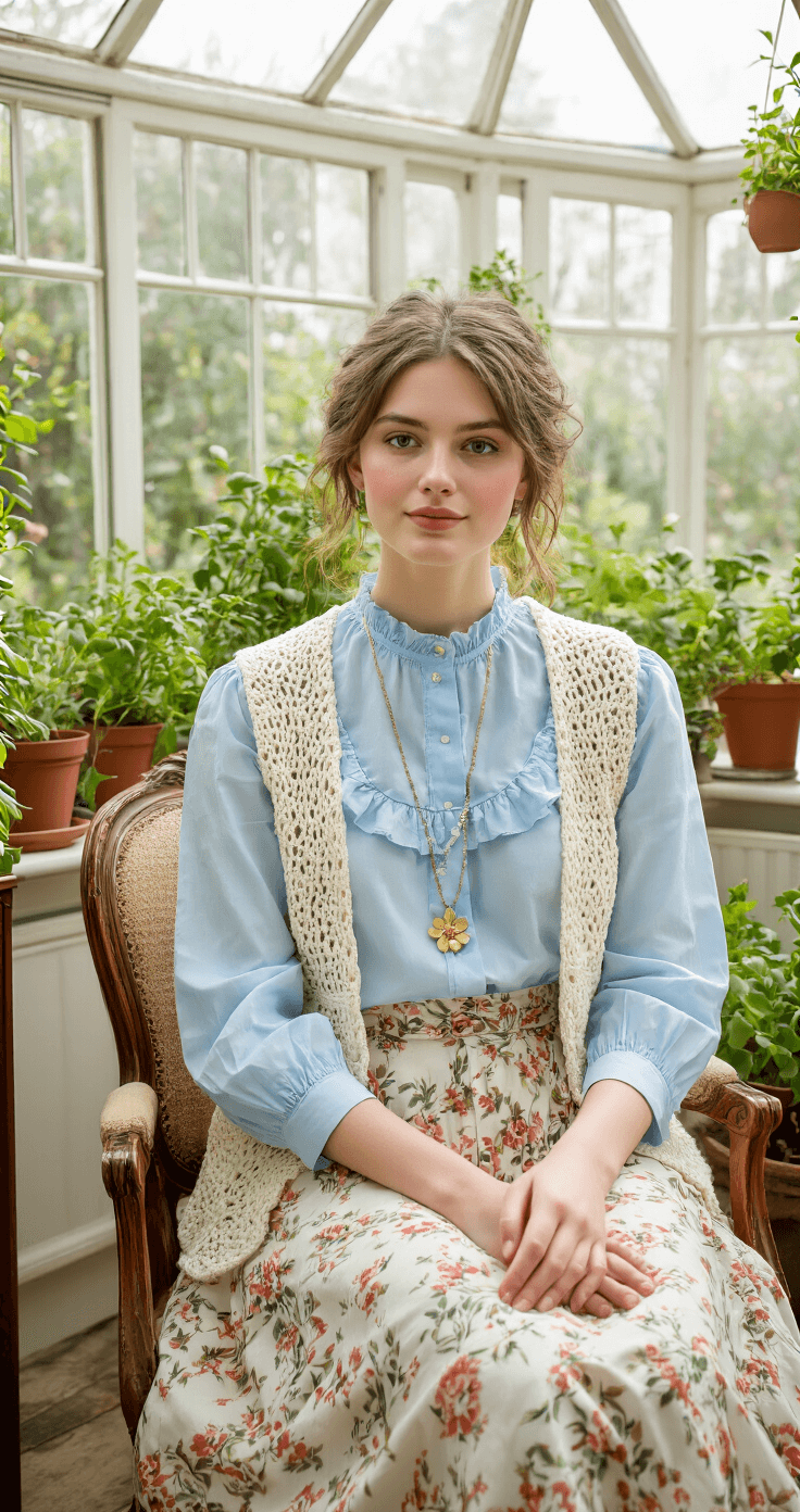 How to Rock a Cottagecore Outfit: Your Complete Guide to Dreamy, Nature-Inspired Style Aerial view of a light-filled conservatory featuring potted herbs and vintage furniture. A person sits on an antique chair, dressed in a sky blue cotton blouse with a ruffled collar, high-waisted floral skirt, and a cream crocheted vest. A delicate gold necklace with a pressed flower pendant is visible, with sunlight streaming through the glass ceiling.