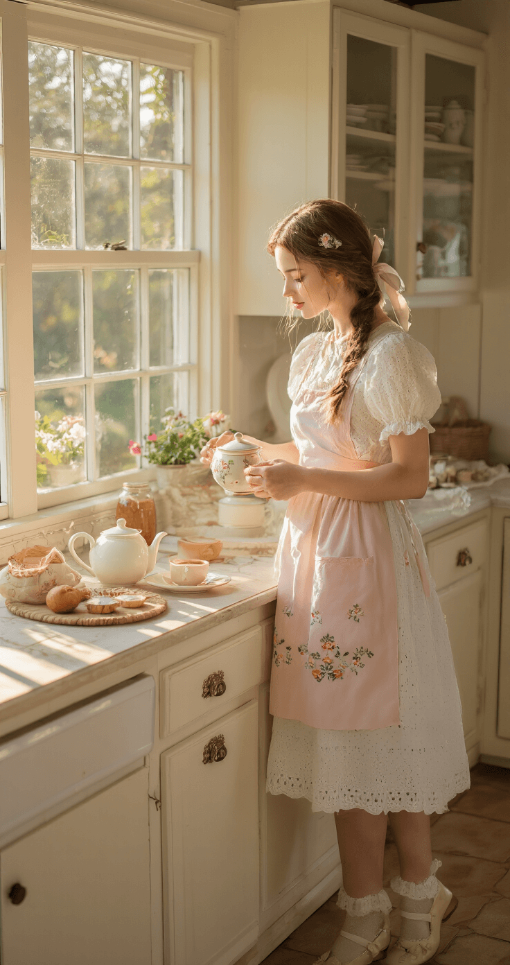 How to Rock a Cottagecore Outfit: Your Complete Guide to Dreamy, Nature-Inspired Style A serene cottage kitchen at sunrise, showcasing a model in a white eyelet midi dress with puff sleeves and a pale pink embroidered apron, preparing tea. Her hair is in a loose braid adorned with ribbons, and she wears delicate lace-trimmed socks with vintage Mary Janes, all illuminated by soft morning light filtering through the windows.