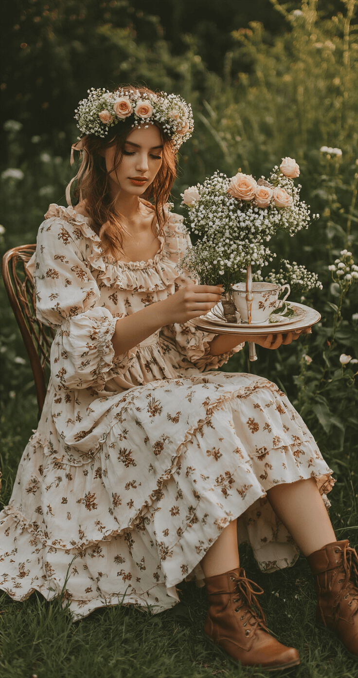 How to Rock a Cottagecore Outfit: Your Complete Guide to Dreamy, Nature-Inspired Style A serene tea party scene in a dreamy garden at dusk, featuring a person in a soft earth-toned cottagecore dress with tiered ruffles and bishop sleeves, arranging flowers. They wear a handmade flower crown of baby's breath and roses, complemented by vintage brown leather lace-up boots, all captured with natural backlighting and a blurred background.