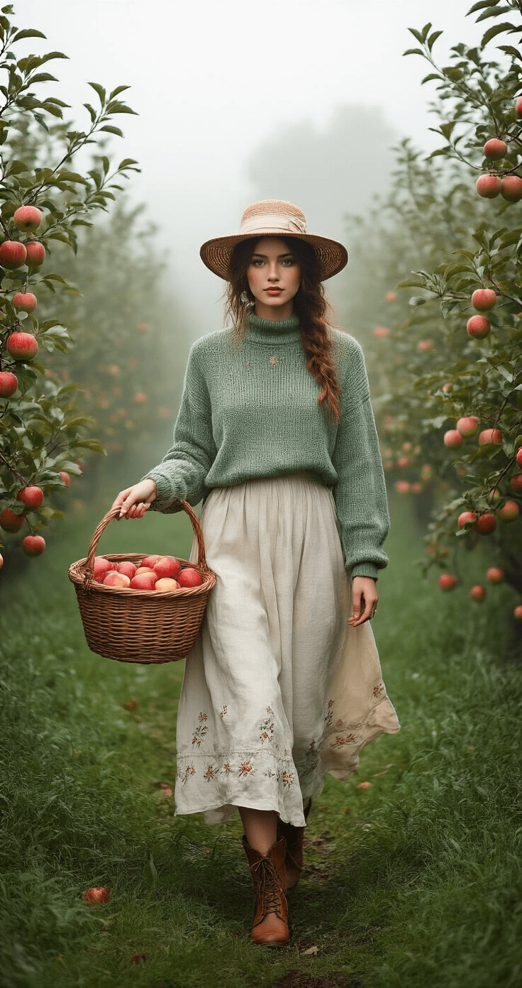 How to Rock a Cottagecore Outfit: Your Complete Guide to Dreamy, Nature-Inspired Style A model strolls through a misty apple orchard, wearing a cream linen dress with floral embroidery and a sage green knit sweater, holding a woven basket filled with apples. She accessorizes with a straw hat, vintage leather boots, and handmade jewelry, all framed by morning fog.