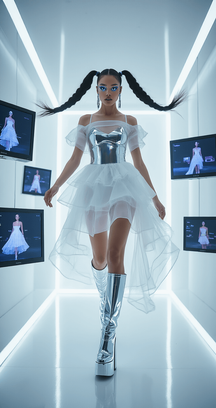 Y3K Fashion: How to Nail the Futuristic "Dress to Impress" Look A model in a motion capture suit poses in a gleaming white fashion studio with infinity walls, wearing a sheer layered dress over a metallic bodysuit and chunky platform boots. Her hair is styled in dual high ponytails with cyber attachments, and she has chrome makeup with glossy lips. Floating screens display digital fashion renders, and the scene is illuminated by strong directional lighting that creates prismatic effects.