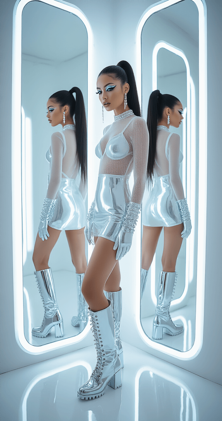 Y3K Fashion: How to Nail the Futuristic "Dress to Impress" Look A model in a metallic silver slip dress layered with a frost white mesh top and pearl white combat boots poses in a clinical white bedroom. Her hair is styled in a sleek high ponytail adorned with cyber accessories. She features chrome eyeshadow and glossy lips, while soft morning light filters through smart windows, reflected in infinity mirrors capturing multiple angles of the scene.