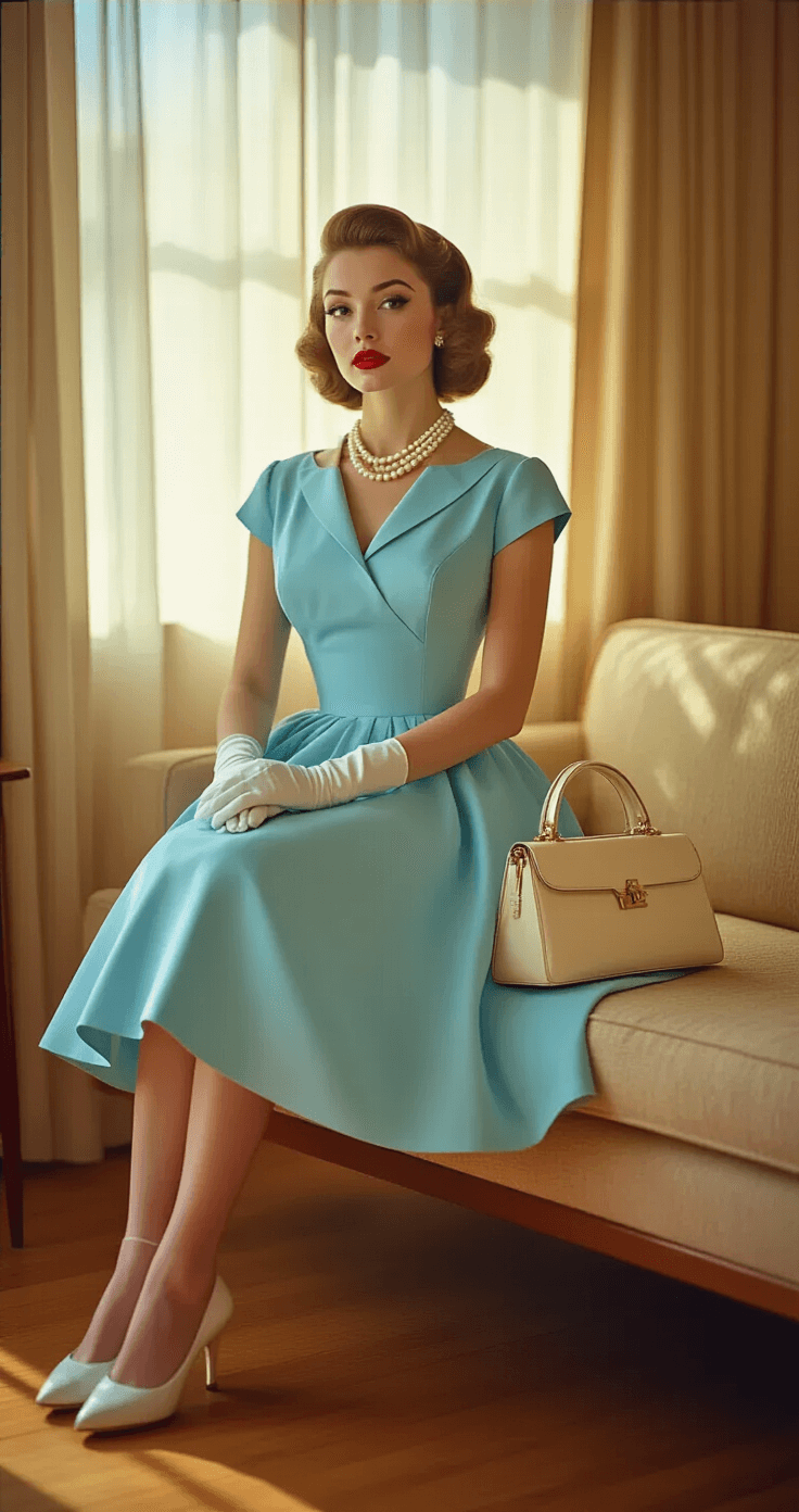 The Perfect 1950s Fashion Guide: How to Nail That Vintage Glamour A vintage 1950s living room with natural light streaming through sheer curtains, featuring a model in a powder blue tea-length dress with victory rolls, posing on a mid-century modern sofa, accessorized with white gloves, pearl jewelry, and a cream leather handbag, all captured in warm tones at golden hour.