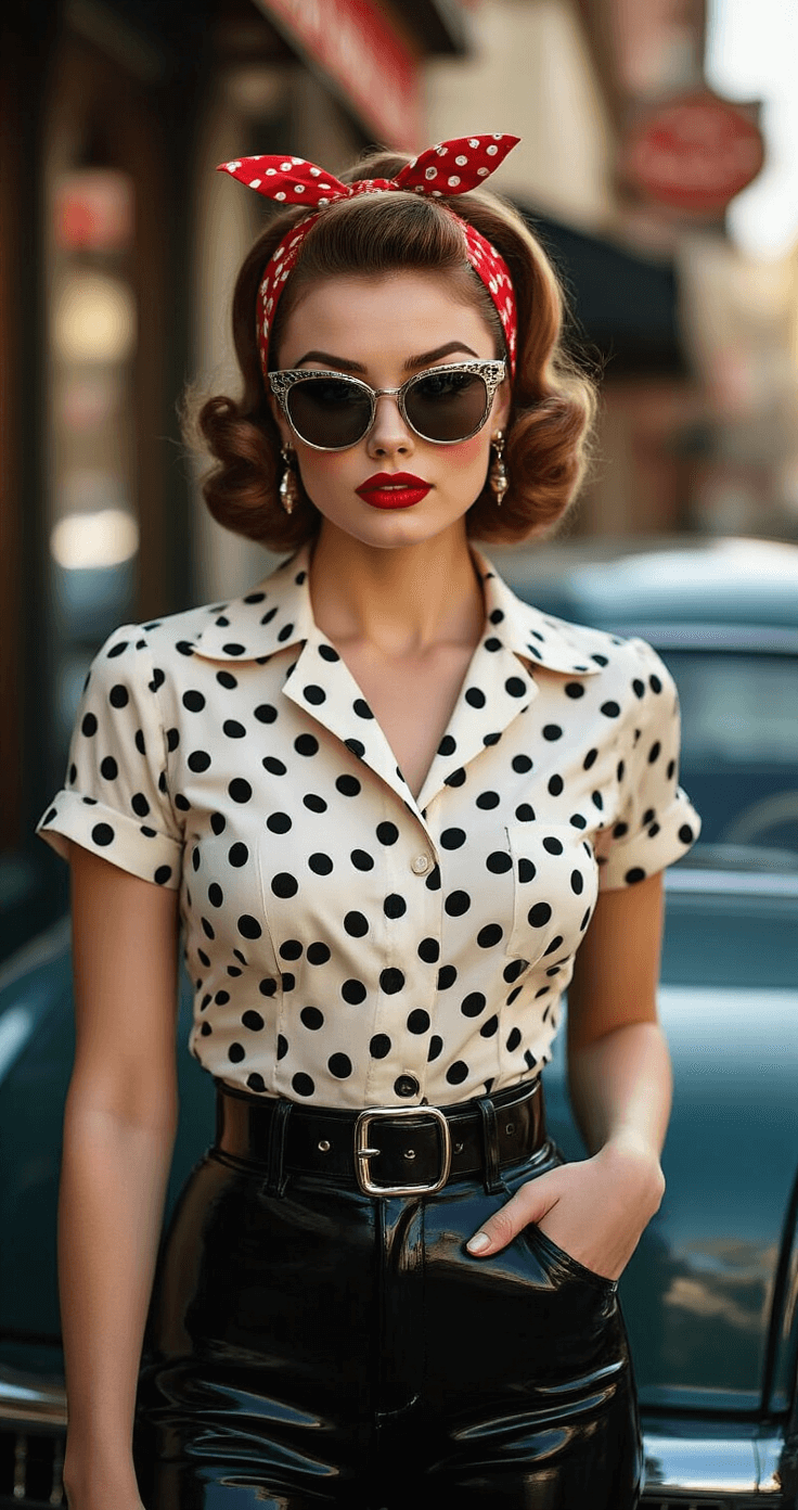 The Perfect 1950s Fashion Guide: How to Nail That Vintage Glamour A stylish woman in high-waisted black cigarette pants and a polka dot blouse poses in a vintage cafe corner, showcasing rockabilly hair with a red bandana and victory rolls, while adjusting her wide patent leather belt; cat-eye sunglasses rest on her nose, with a classic car's chrome details reflecting in the background under dramatic morning light.