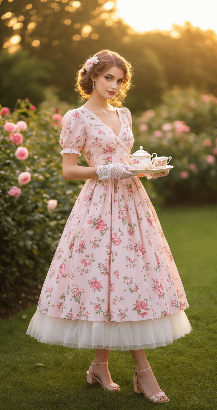 The Perfect 1950s Fashion Guide: How to Nail That Vintage Glamour A model in a pastel pink floral tea dress serves tea from vintage china in a manicured garden, surrounded by blooming roses, while wearing lace gloves and kitten heel sandals, styled with soft curls and a floral accessory. The scene captures a dreamy golden hour ambiance with a telephoto lens effect.