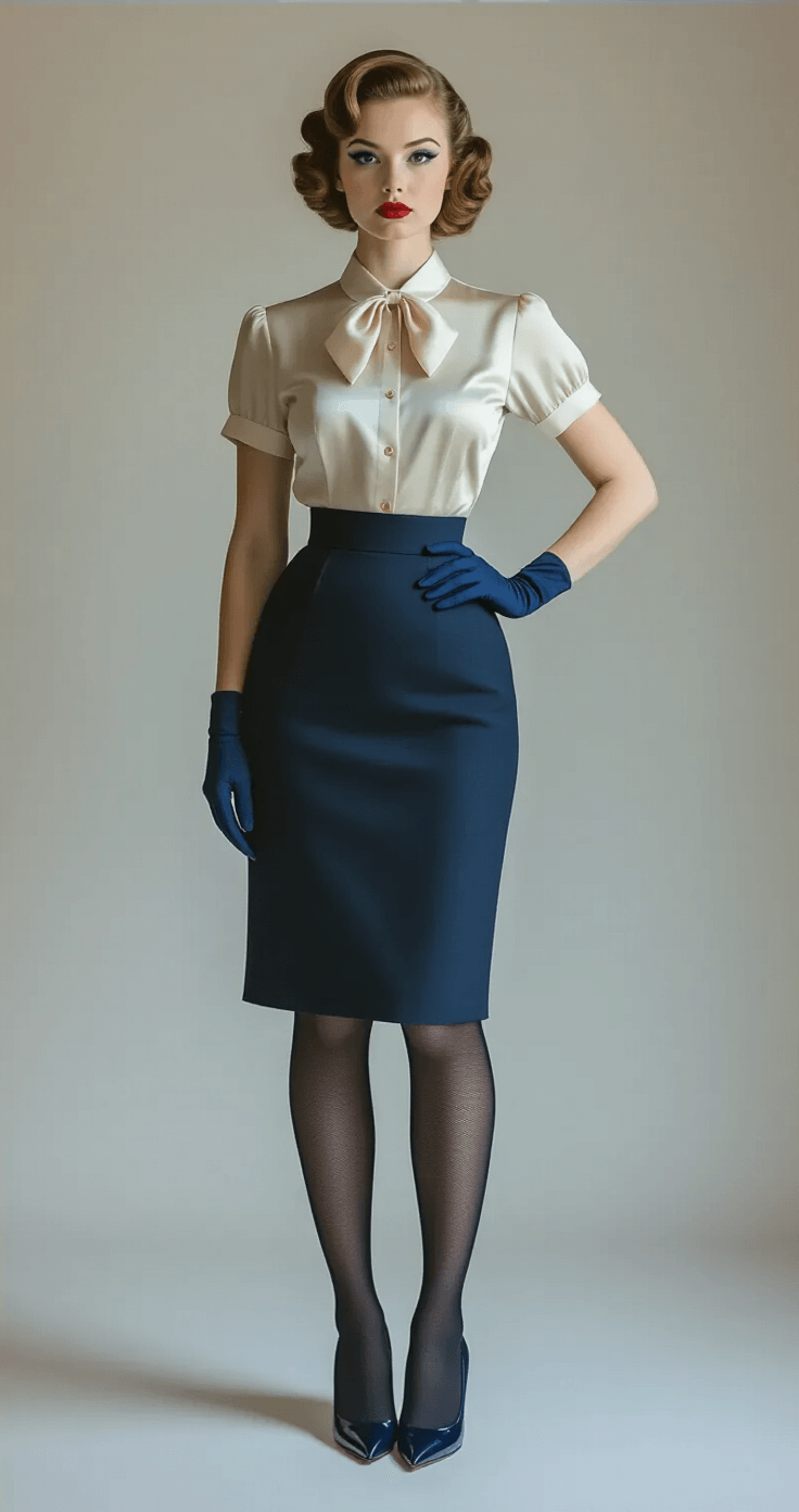 The Perfect 1950s Fashion Guide: How to Nail That Vintage Glamour A model in a classic 1950s silhouette poses against a plain backdrop, wearing a deep navy high-waisted pencil skirt and a tucked-in silk blouse with a bow detail. She complements the look with seamed stockings, pointed pumps, and navy gloves, while her hair is styled in pin curls and bold winged eyeliner accentuates her eyes. Studio lighting enhances the sculptural quality of the outfit.