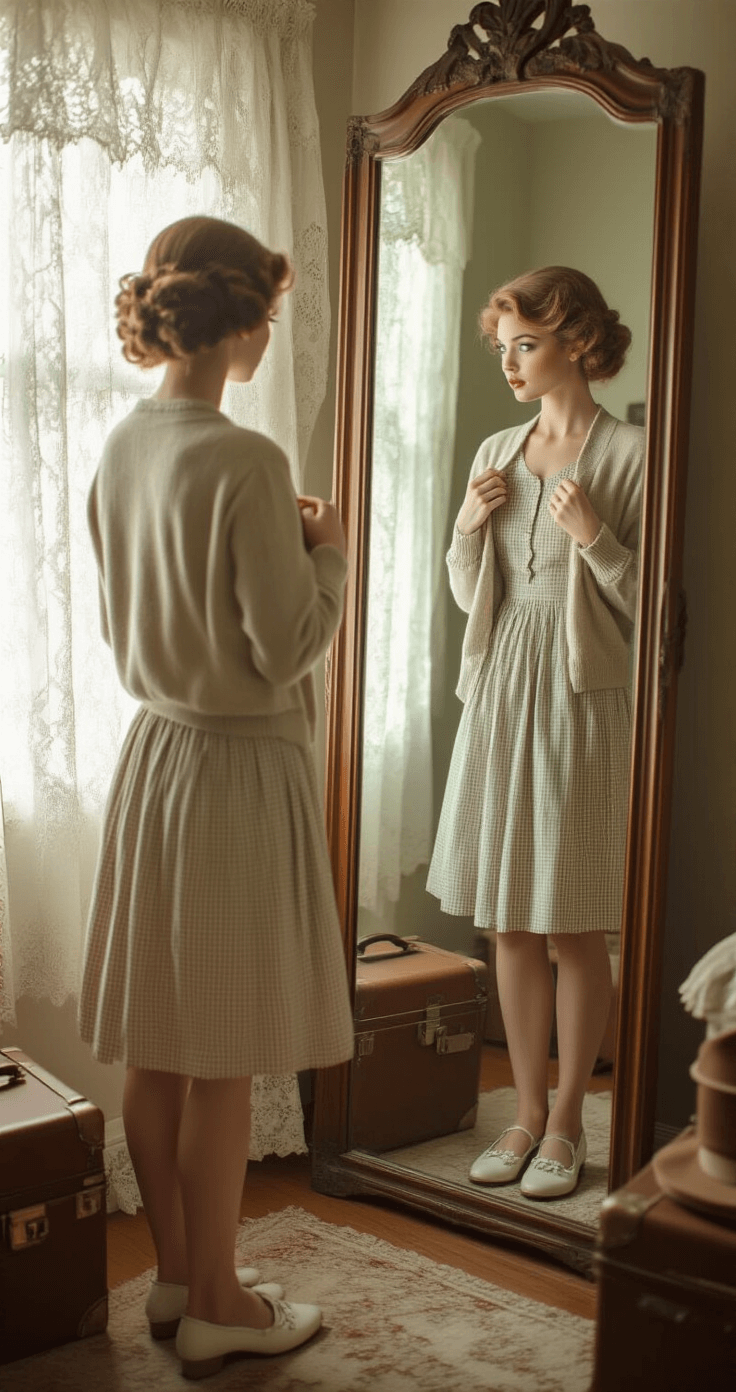 The Perfect 1950s Fashion Guide: How to Nail That Vintage Glamour A vintage bedroom scene bathed in soft morning light, featuring a model in front of a full-length mirror adjusting a cardigan over a fitted gingham dress, with saddle shoes and victory curls visible in the reflection, surrounded by artfully arranged suitcases and hat boxes.