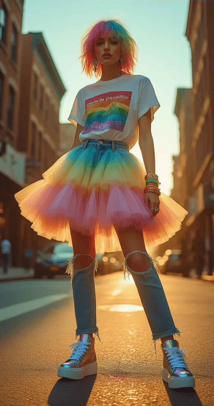 CRAZY DAY OUTFITS: HOW TO DRESS TO IMPRESS AND STAND OUT FROM THE CROWD A fashion-forward model at an urban street corner during golden hour, wearing a layered rainbow tulle skirt over distressed denim and an oversized vintage band t-shirt, complemented by platform sneakers with holographic glitter. Her pastel chalk-colored hair resembles cotton candy, and she accessorizes with mismatched statement earrings and colorful bangles. The image is shot from a low angle, capturing the movement of her skirt against a blurred background.