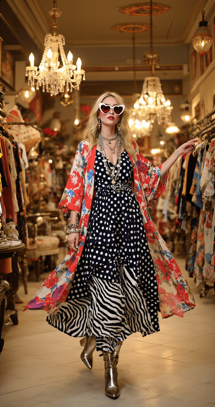 CRAZY DAY OUTFITS: HOW TO DRESS TO IMPRESS AND STAND OUT FROM THE CROWD Eclectic vintage boutique featuring warm ambient lighting and antique chandeliers, showcasing a model mid-twirl in a polka dot midi dress over zebra-print pants, layered with a floral kimono. The maximalist look is complemented by oversized heart-shaped sunglasses, multiple charm necklaces, and metallic boots, all captured in a wide-angle shot.