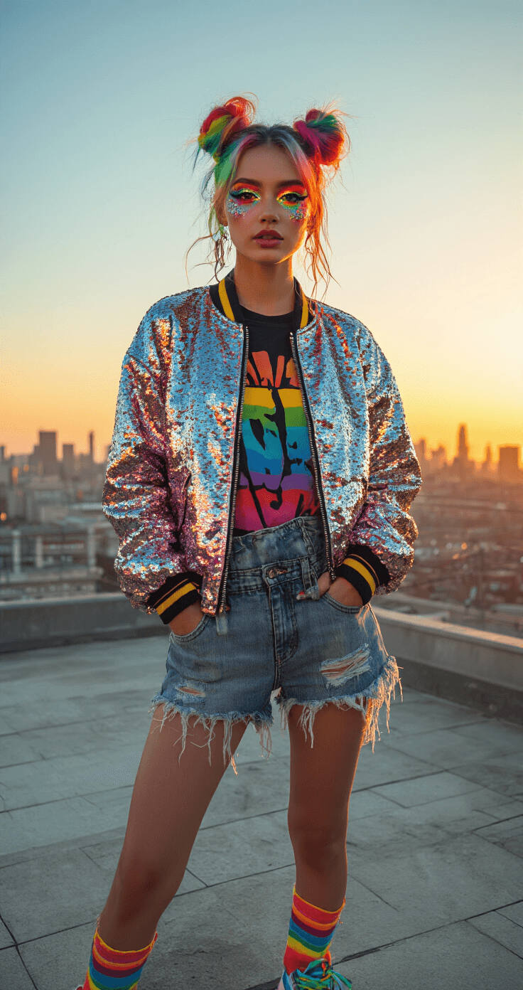 CRAZY DAY OUTFITS: HOW TO DRESS TO IMPRESS AND STAND OUT FROM THE CROWD A person with rainbow-colored space buns and dramatic glitter eye makeup poses on a sunlit urban rooftop at sunset, wearing a sequin bomber jacket over distressed denim overalls and a graphic tee, complemented by chunky neon platform sneakers, with a city skyline backdrop.