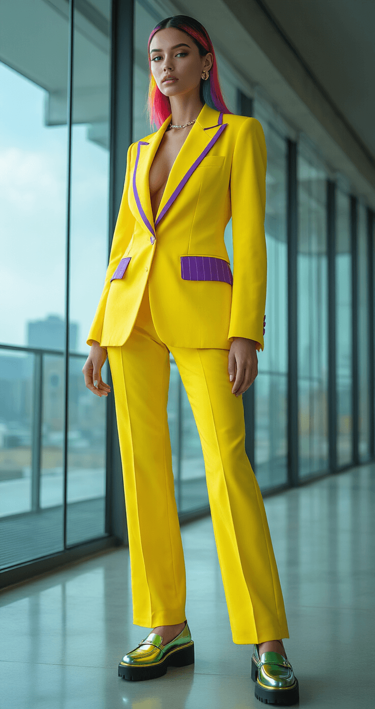 CRAZY DAY OUTFITS: HOW TO DRESS TO IMPRESS AND STAND OUT FROM THE CROWD Professional model in a bright yellow power suit with purple pinstripes and neon green accessories, set in a modern office with floor-to-ceiling windows, showcasing sleek rainbow underlights in her hair.