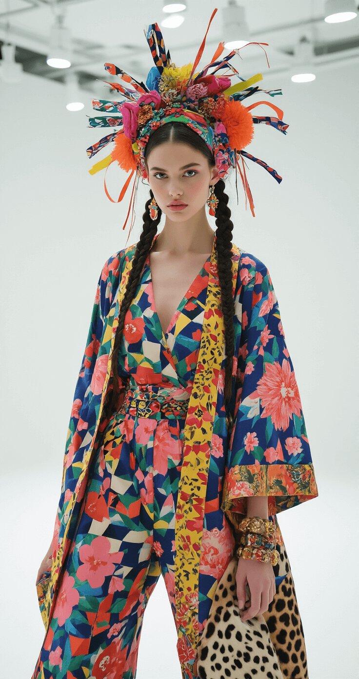 CRAZY DAY OUTFITS: HOW TO DRESS TO IMPRESS AND STAND OUT FROM THE CROWD A fashion editorial photograph in a contemporary gallery space with white walls, featuring a model in a floral jumpsuit layered with a geometric print kimono, accessorized with animal print accents. The model wears a vibrant statement headpiece and has elaborate braided hair with ribbon weaving. The scene is dramatically lit with spotlights, capturing intricate details.