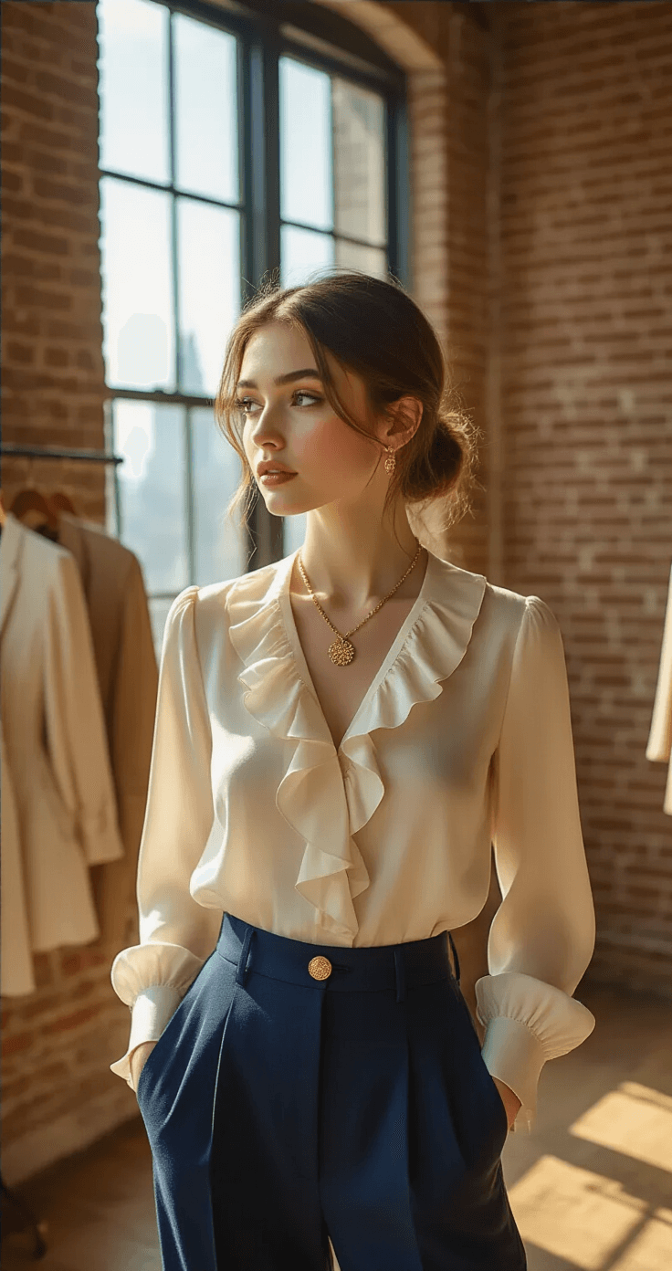 Musical Fashion Magic: How to Rock Broadway-Inspired Looks A young woman in a cream silk ruffled blouse and high-waisted navy trousers poses in a sun-drenched Manhattan loft, with exposed brick walls and floor-to-ceiling windows. She arranges the blouse's ruffle detail, showcasing her vintage gold brooch and delicate necklace, while a clothing rack in the background displays curated historical-inspired fashion pieces.