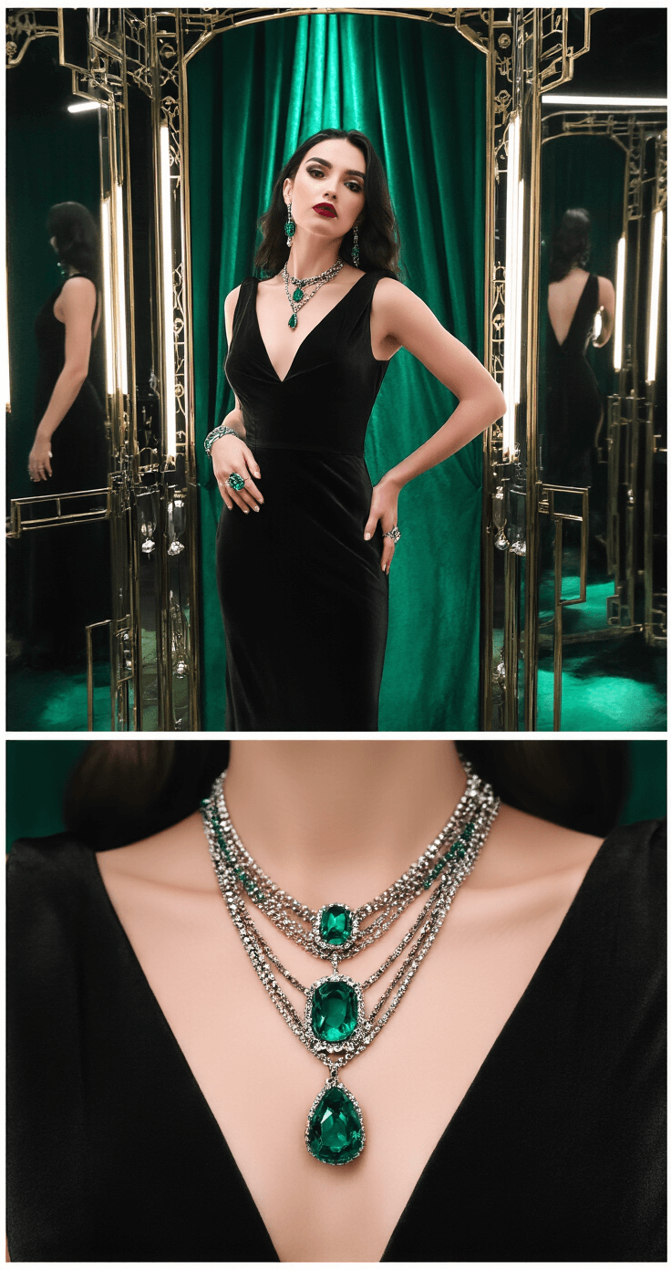 Musical Fashion Magic: How to Rock Broadway-Inspired Looks Close-up of a model in a sophisticated black midi dress, adorned with emerald statement jewelry and dark metallic accessories. The dramatic black and emerald green dressing room features Art Deco mirrors, with theatrical lighting casting shadows and highlighting crystal embellishments. The shot captures layered necklaces and rings against the luxe fabric, emphasizing a powerful silhouette.