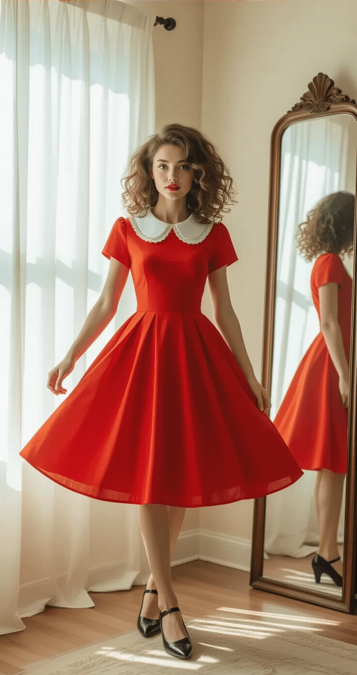 Musical Fashion Magic: How to Rock Broadway-Inspired Looks A young woman in a red fit-and-flare dress with a white peter pan collar twirls in a bright vintage-style bedroom, with white curtains billowing in the morning light. Her natural curls frame her face as she moves near a full-length mirror, creating a cheerful and sophisticated atmosphere.