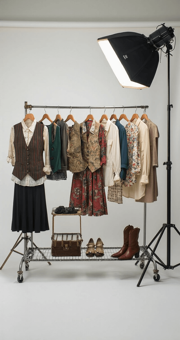 Musical Fashion Magic: How to Rock Broadway-Inspired Looks A bird’s-eye view of a professional photography studio featuring a white cyclorama backdrop, showcasing a neatly organized wardrobe rack with a variety of vintage vests, stylish blouses, and character shoes, all highlighted by professional lighting. Close-ups capture the textures and accessory details of the mix-and-match theatrical pieces.