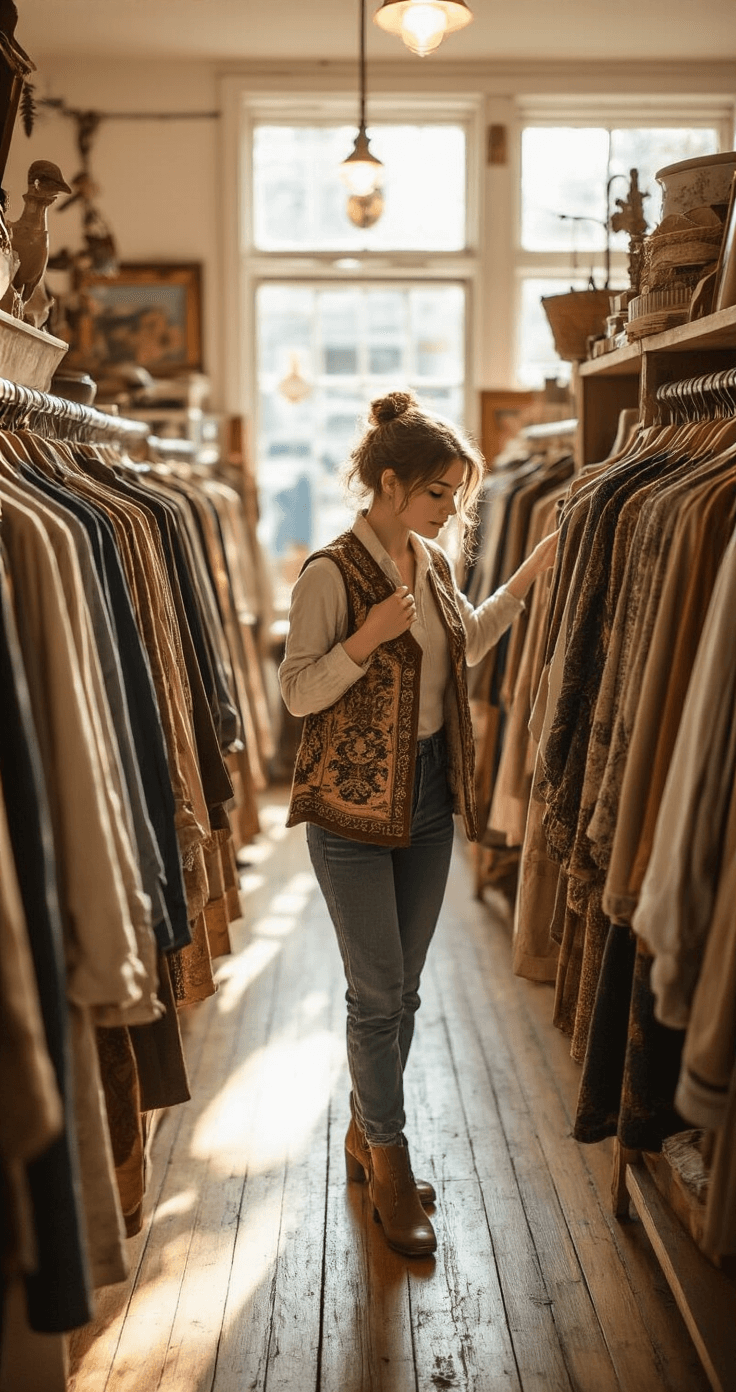 Musical Fashion Magic: How to Rock Broadway-Inspired Looks A young woman browses through racks of vintage clothing in a cozy thrift store, holding up a brocade vest to inspect. The warm afternoon light enhances the textures of various fabrics on display against a backdrop of wooden floors and vintage decor.