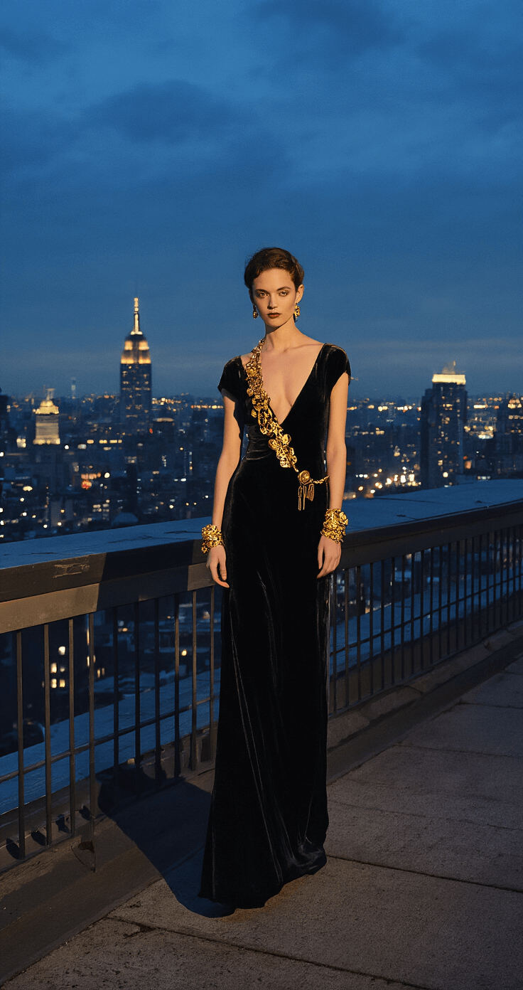 Musical Fashion Magic: How to Rock Broadway-Inspired Looks A model in a black velvet evening dress adorned with gold accessories poses on a rooftop at night, with city lights twinkling in the background. The scene is lit dramatically, casting striking shadows and enhancing the vintage-contemporary look. The photo is taken from street level, highlighting the model's elevated position against the urban skyline.