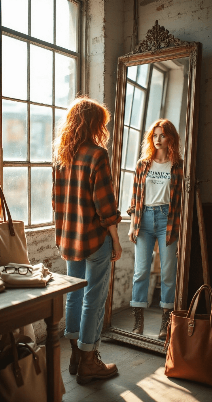 Hipster Fashion: How to Nail That Effortlessly Cool Look (Without Trying Too Hard!) A young woman with copper hair styles herself in an antique mirror inside a sunlit vintage boutique, wearing a rust-toned oversized flannel over a white band tee, high-waisted denim jeans, and scuffed combat boots, with canvas totes and leather satchels scattered around.