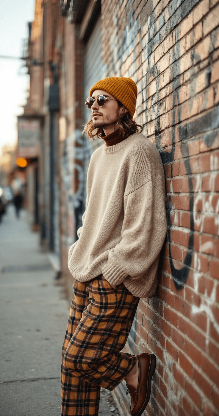 Hipster Fashion: How to Nail That Effortlessly Cool Look (Without Trying Too Hard!) A model in an oversized oatmeal sweater and burgundy turtleneck leans against a graffiti-covered brick wall in a bohemian neighborhood during golden hour, wearing wide-leg plaid pants and vintage leather loafers, complemented by a slouchy mustard beanie and round wire-frame sunglasses, captured in a low-angle shot to highlight the urban setting.
